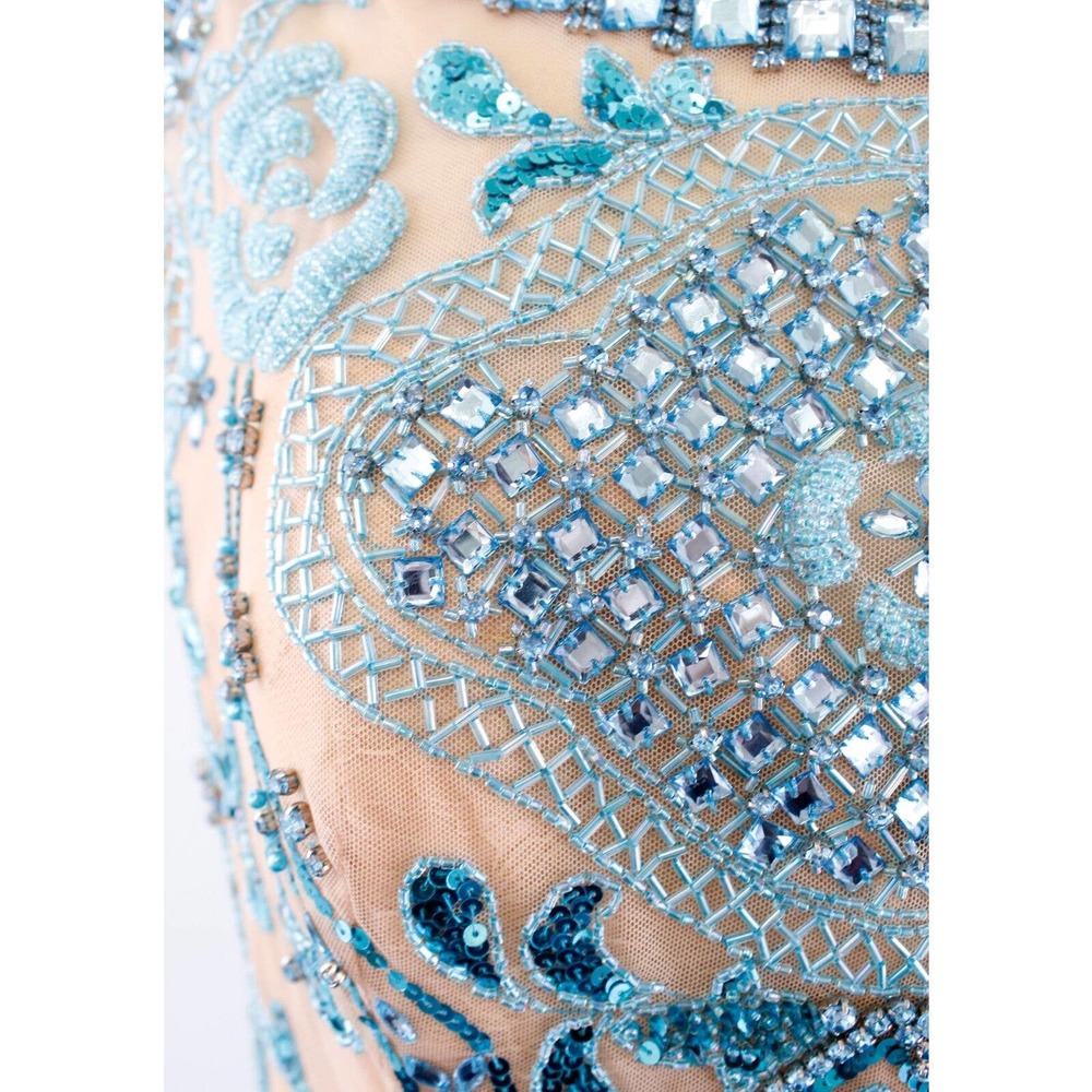 Sherri Hill Turquoise Blue Nude Mesh Beaded Prom Formal Dress Gown Size 12 - Picture 8 of 12